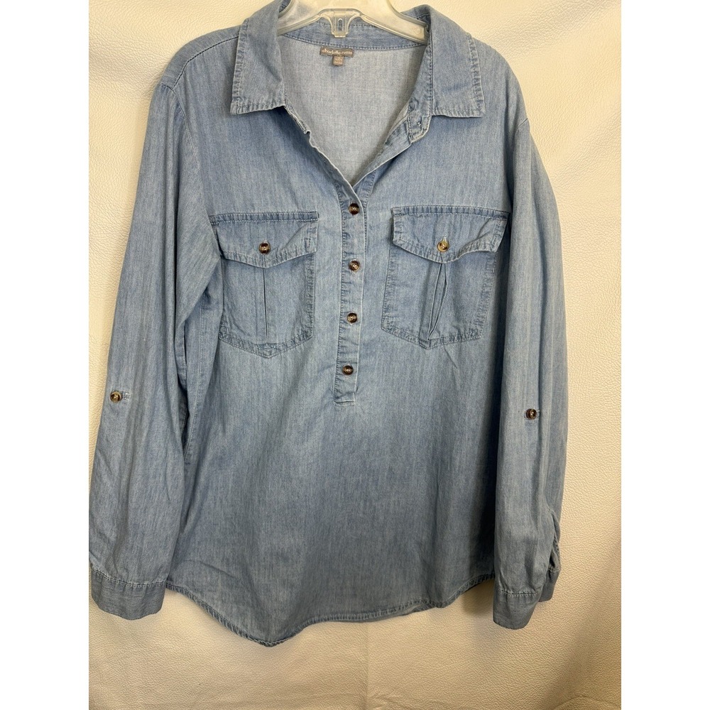 Charlotte Russe Womens Blue Chambray Tunic Shirt Roll Tab Sleeve Small